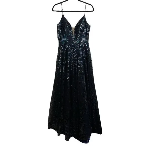 Mac Duggal Plunging Neckline Sequin Long Party Dress Black Iridescent Size 4 - Picture 12 of 13